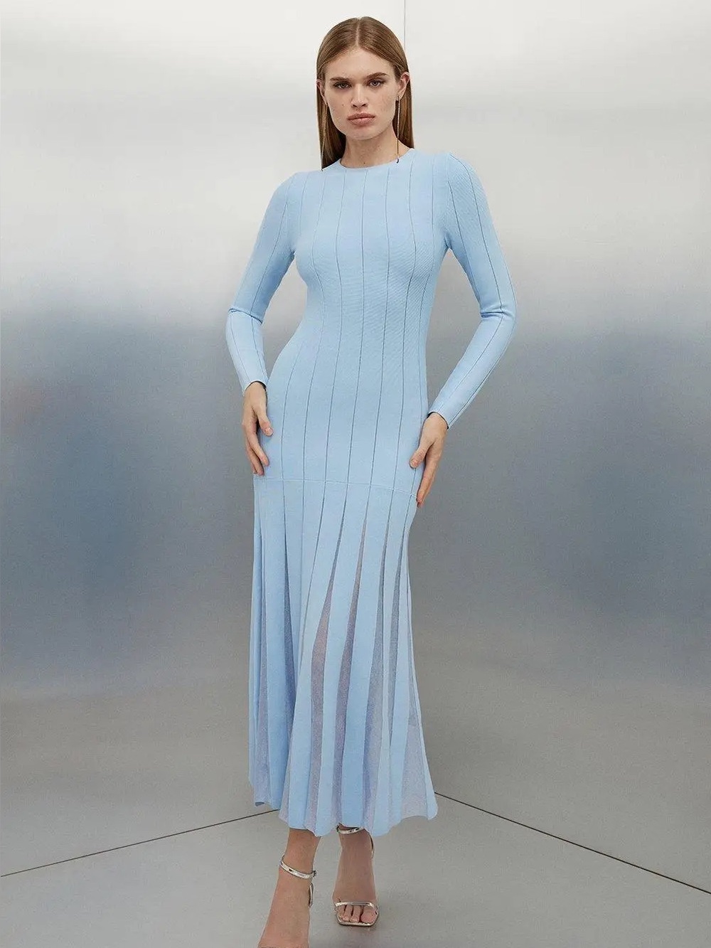 KARENMILLEN VISCOSE BLEND FILAMENT FULL SKIRT KNIT MIDI DRESS IN PALE BLUE
